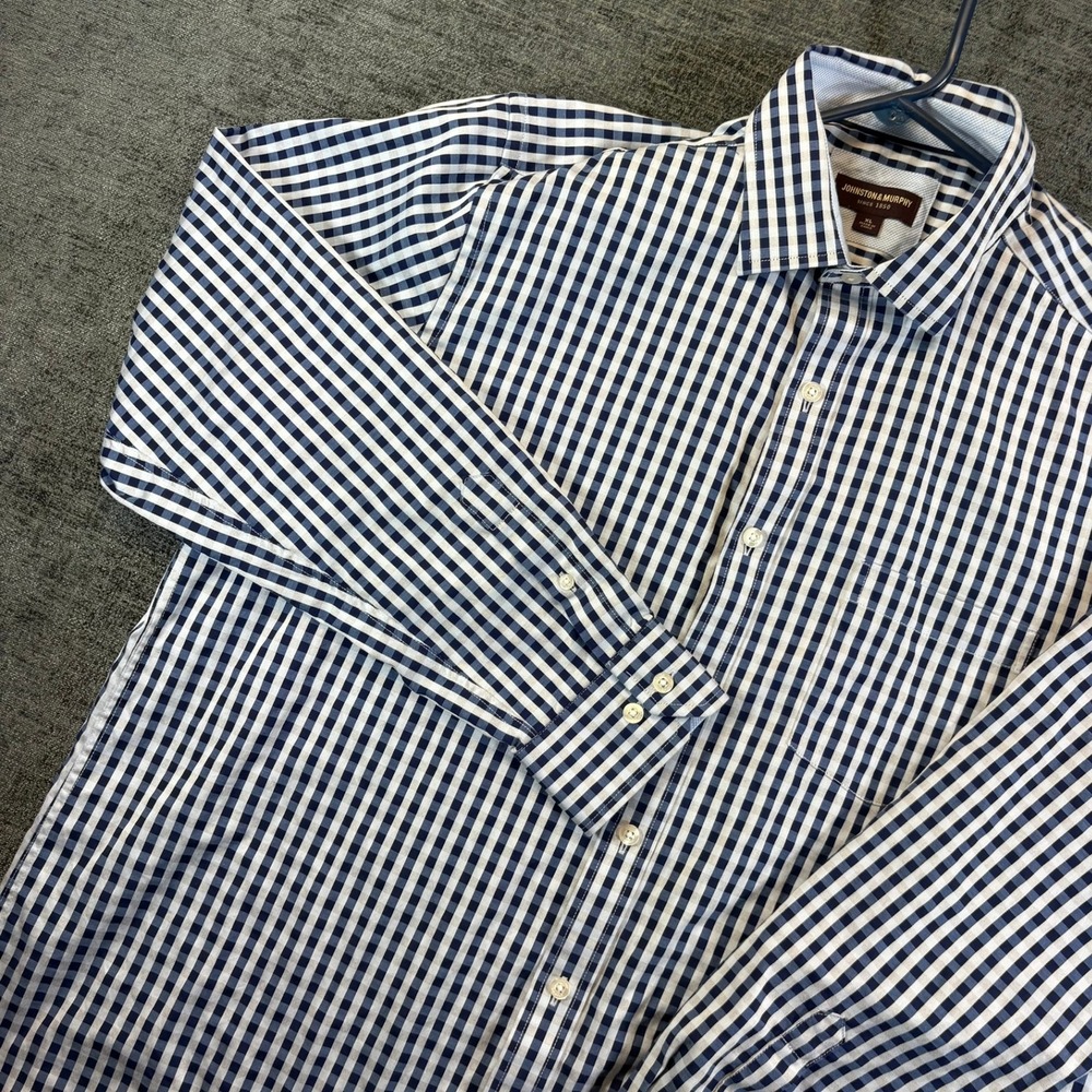Johnston & Murphy Button Down Shirt Mens XL Navy White Gingham Plaid Cotton